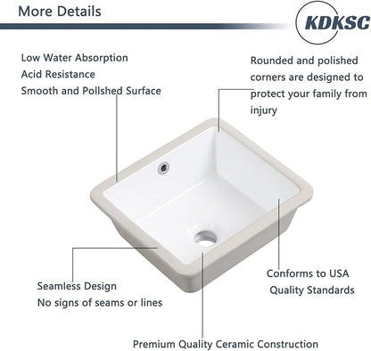 14 Inch Undermount Bathroom Sink White Rectangular,Overflow Type | Small Ceramic Under Counter Bathroom Sink for Cabinet Porcelain Vanity Sinks (14"x12.5")