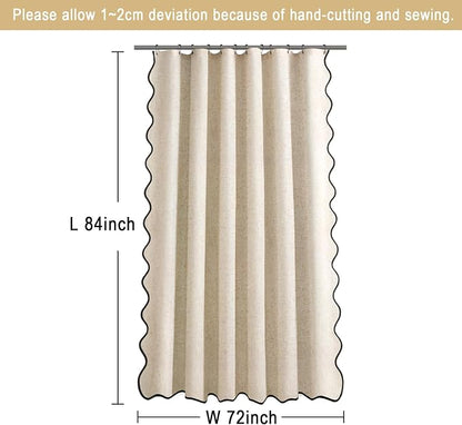 Scalloped Shower Curtain Linen Boho Beige 72" W x 84" L | Linen Fabric, Black Border, Washable, Heavy Duty Cloth, Shower Curtain for Boho Farmhouse Bathroom Bathtub