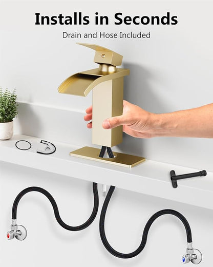 Waterfall Bathroom Faucet 1 Hole, Single Hole Bathroom Faucet, Single Handle Vanity Sink Faucet with Deck Plate, Pop-up Drain & Supply Lines, Brushed Gold
