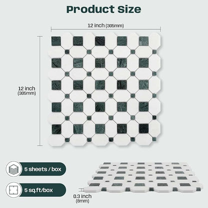 2 Inch Long Octagon Marble Mosaic Tile for Wall Floor, 5 Sheets | Water & Heat Resistant Polished Marble Backsplash Tiles for Kitchen Bathroom Fireplace Durable, Thassos+Medium Green, 5SQFT