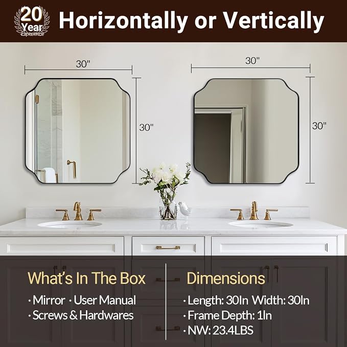 30x30 Inch Square Mirror, Matte Black Vanity Mirror, Modern Scalloped Bathroom Mirror in Premium Stainless Steel Metal Thin Frame, Unique Rounded Notched Corners