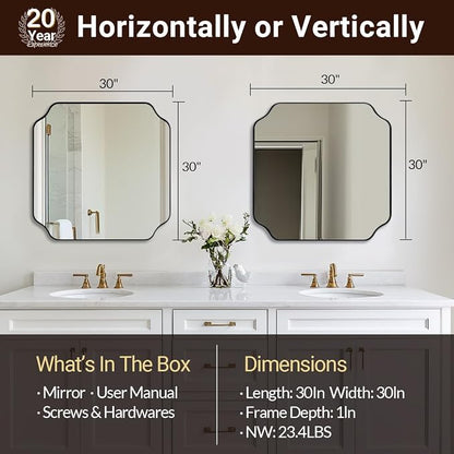 30x30 Inch Square Mirror, Matte Black Vanity Mirror, Modern Scalloped Bathroom Mirror in Premium Stainless Steel Metal Thin Frame, Unique Rounded Notched Corners