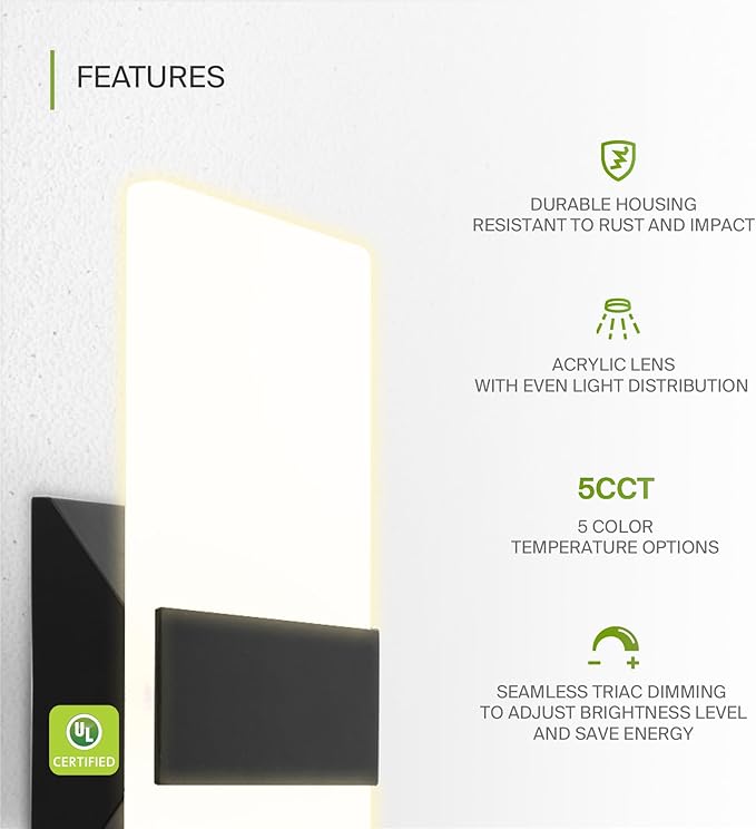 ASD 12 Inch Indoor LED Wall Sconce - 12W 2700K-5000K Dimmable Black Wall Sconce Lights for Living Room, Bedroom, Bathroom, Hallway - Modern Wall Sconces Hardwired, UL Interior Light