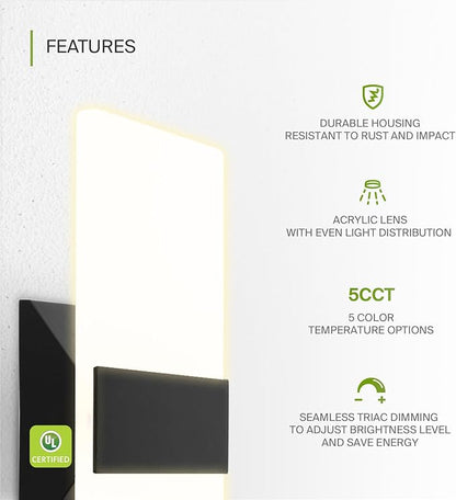 ASD 12 Inch Indoor LED Wall Sconce - 12W 2700K-5000K Dimmable Black Wall Sconce Lights for Living Room, Bedroom, Bathroom, Hallway - Modern Wall Sconces Hardwired, UL Interior Light