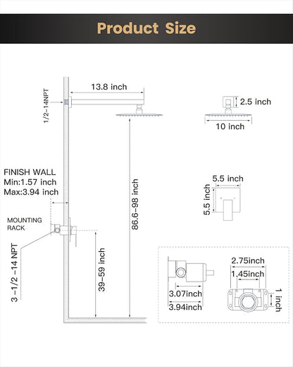 Airuida 10 Inch Matte Black Shower Faucet Set,Shower Valve Kit | Rainfall Shower Head and Handle Set,Female Thread Rough-in Valve Shower Kit,Single Function Shower System
