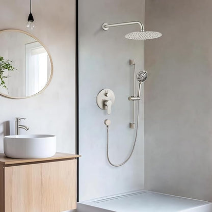 gotonovo Slide Bar Shower System Faucet Set Complete,Brushed Nickel,10 Inch | Rain Round Shower Head with 6-Modes Handheld Spray,Valve and Trim Kit Included,Bathroom Wall Mount,All Metal,2-In-1 Diverter