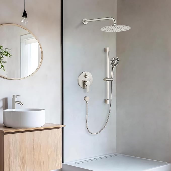 gotonovo Slide Bar Shower System Faucet Set Complete,Brushed Nickel,12 Inch | Rain Round Shower Head with 6-Modes Handheld Spray,Valve and Trim Kit Included,Bathroom Wall Mount,All Metal,2-In-1 Diverter