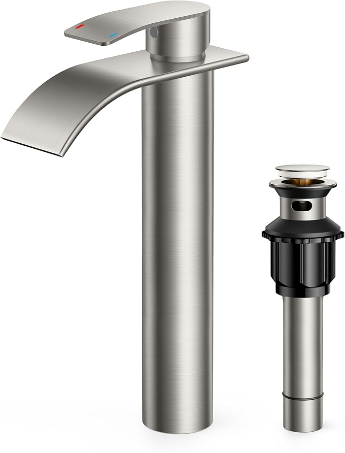 FORIOUS Waterfall Bathroom Vessel Sink Faucets with Metal Pop up Drain and Lead-Free cUPC Hose, Chrome Single Handle Tall Bathroom Faucet 1 Hole, 11inch for Bath,Vessel