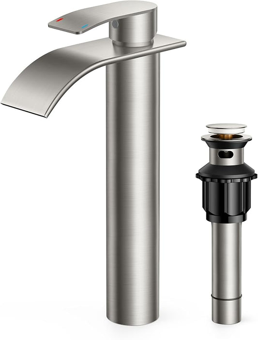 FORIOUS Waterfall Bathroom Vessel Sink Faucets with Metal Pop up Drain and Lead-Free cUPC Hose, Chrome Single Handle Tall Bathroom Faucet 1 Hole, 11inch for Bath,Vessel