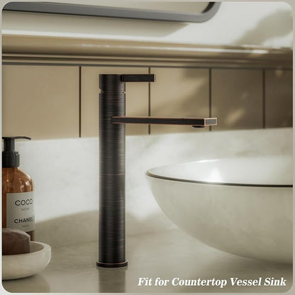 One Hole Tall Bathroom Vessel Sink Faucet, Oil Rubbed Bronze Single Hole Single Handle Modern Bathroom Faucet, with Pop Up Drain and Water Supply Line, FH02-ORB-V