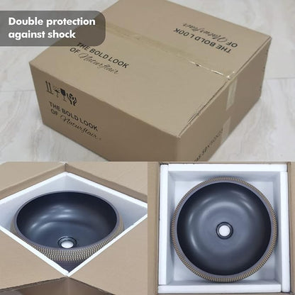 16 Inch Round Vessel Sink - Brown & Black Porcelain Ceramic Art Basin, Handmade Countertop Bathroom Sink Bowl
