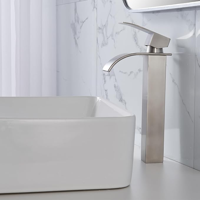 Tall Bathroom Vessel Sink Faucet, Brushed Nickel Tall Waterfall Single Handle 1 Hole Bathroom Vessel Sink, Bowl Wash Basin Lavatory Vanity Faucets with Pop-up Drain