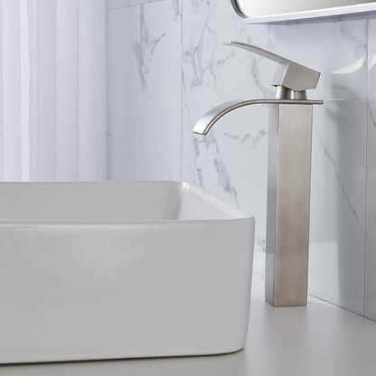 Tall Bathroom Vessel Sink Faucet, Brushed Nickel Tall Waterfall Single Handle 1 Hole Bathroom Vessel Sink, Bowl Wash Basin Lavatory Vanity Faucets with Pop-up Drain