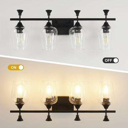 Bathroom Light Fixtures (4-Light, 29 Inch), Matte Black Vanity Lights for Bathroom with Clear Wine Glass Glass Shade, Modern Vanity Wall Lights for Mirror Bedroom Living Room Kitchen Hallway Porch
