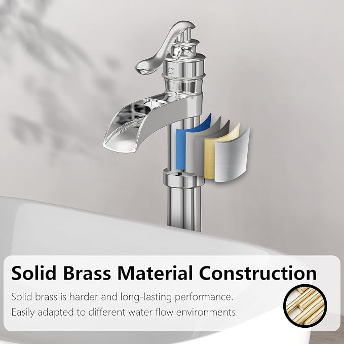 Polished Chrome Vessel Sink Faucet Brass Tall Waterfall Bathroom Faucet | Bathroom Sink Faucets Single Handle with Pop Up Drain Without Overflow and Supply Hoses Mixer Tap Deck Mount by BATHLAVISH