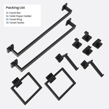 FAHKNS 10 PCS Bathroom Hardware Accessories Set 23.6 Inch Stainless Steel Bath Towel Bar Set Square Towel Ring Set for Bathroom Wall Mounted, Black