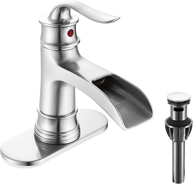 FRANSITON Waterfall Faucet Bathroom Faucet Single Handle One Hole Brushed Nickel Finish Large Spout Lavatory Faucets (Brushed Nickel)