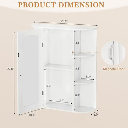 VECELO Bathroom Wall Cabinet with Mirror, Wall Mounted Medicine Cabinets with Door and 6 Open Shelves, Inner Adjustable Shelf, White