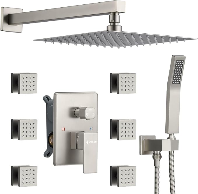 DASAN Full Body Shower System with 6 PCS Body Spray Jets & 12'' Rain Overhead Shower & Handheld, In-Wall Rain Shower System Brushed Nickel Shower Faucets Sets Complete with Valve, SA-SS03ABN-S12W