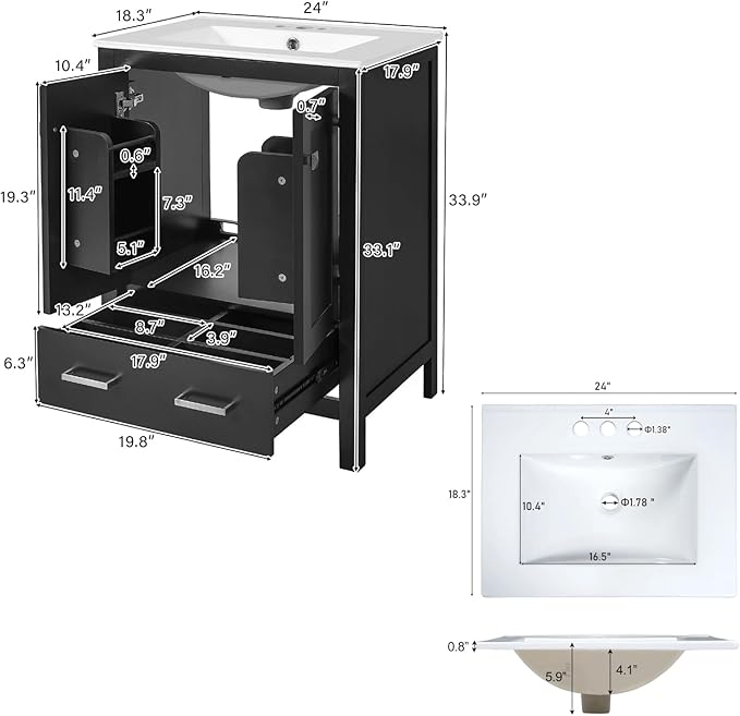 24" Freestanding Bathroom Vanity with Sink, Floor Stand Bathroom Storage Cabinet with Ceramic Sink, Doors with Double-Layered Storage Shelves, Modern Compact Vanity with Divided Drawer, Black