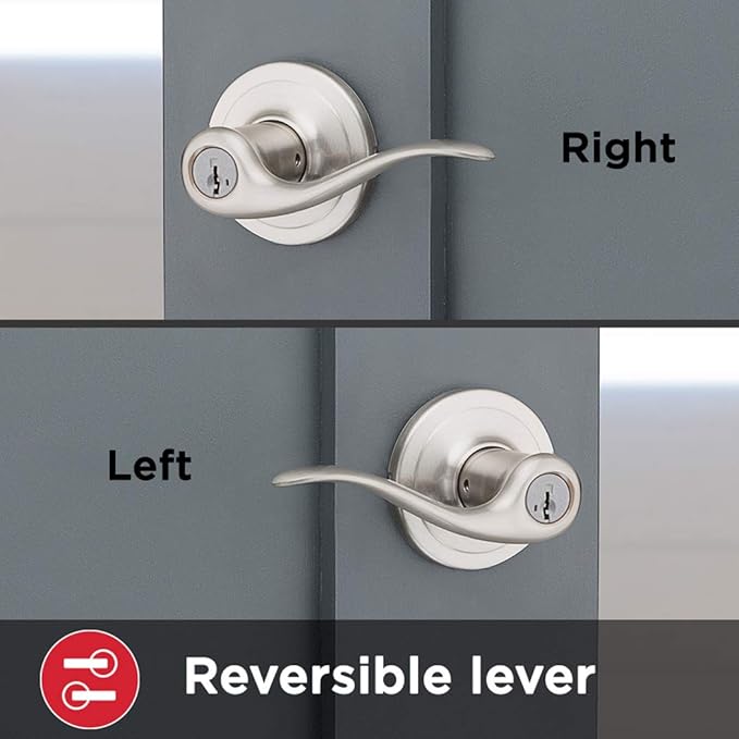 Kwikset Tustin Entry Door Handle with Lock and Key, Secure Keyed Reversible Lever Exterior, For Front Entrance and Bedrooms, Satin Nickel, Pick Resistant Smartkey Rekey Security and Microban