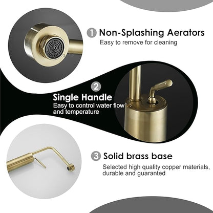 Gold Brushed Bathroom Sink Faucet One Hole Bathroom Faucet - 360 Degree Modern Vanity Basin Faucet with Water Supply Hoses Deck Mount