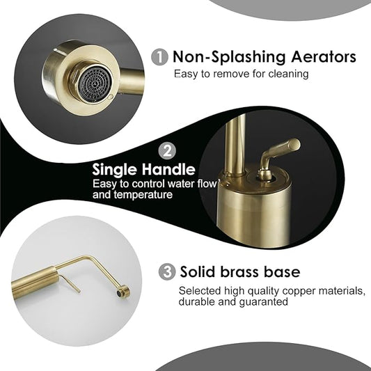 Gold Brushed Bathroom Sink Faucet One Hole Bathroom Faucet - 360 Degree Modern Vanity Basin Faucet with Water Supply Hoses Deck Mount