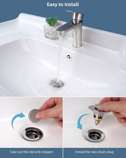 Hibbent 2 Pack All Metal Universal Bathroom Sink Stopper for 1.1''~2.3'' Basin, Pop Up Sink Drain Strainer, Brass Core Push Type Stopper, Stainless Steel Anti Clogging Drain Filter, Brushed Nickel