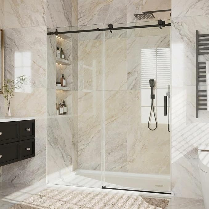 44-48" W x 76" H Frameless Sliding Shower Door, 1/4" (6mm) SGCC Tempered Glass with Easy-Clean Coating, Matte Black Round Rail, Single Sliding Bypass Bathroom Door