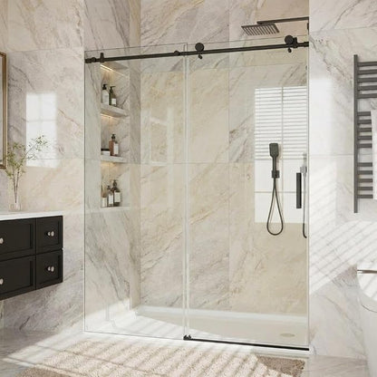 44-48" W x 76" H Frameless Sliding Shower Door, 1/4" (6mm) SGCC Tempered Glass with Easy-Clean Coating, Matte Black Round Rail, Single Sliding Bypass Bathroom Door