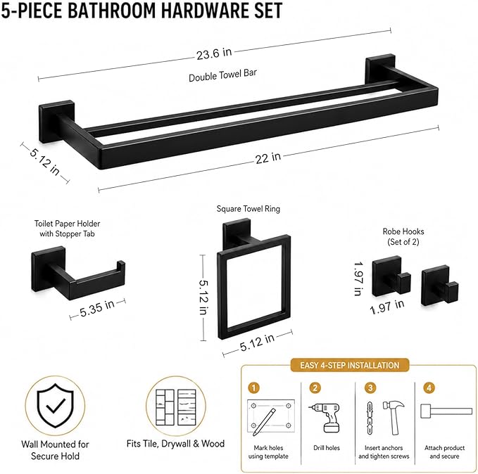 5-Piece Bathroom Hardware Set, 23.6" Double Towel Bar & Wall Mounted Bathroom Accessories, SUS304 Stainless Steel Solid Metal Construction, Modern Square Design for Contemporary Bathrooms, Matte Black