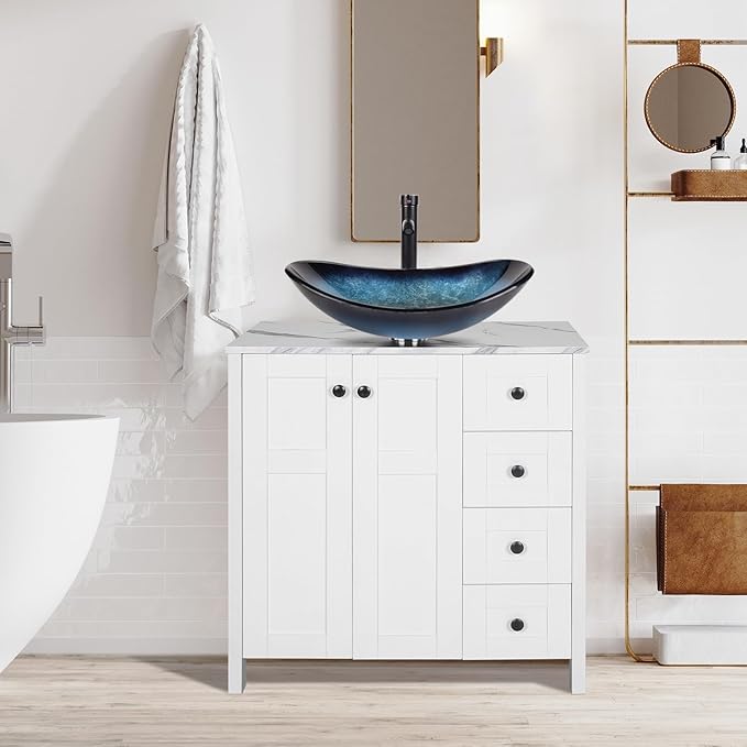 32" White Bathroom Vanity with Engineered Wood Marble Texture Top and 4 Drawers, Modern Standing Pedestal Cabinet with Blue Boat Glass Vessel Sink