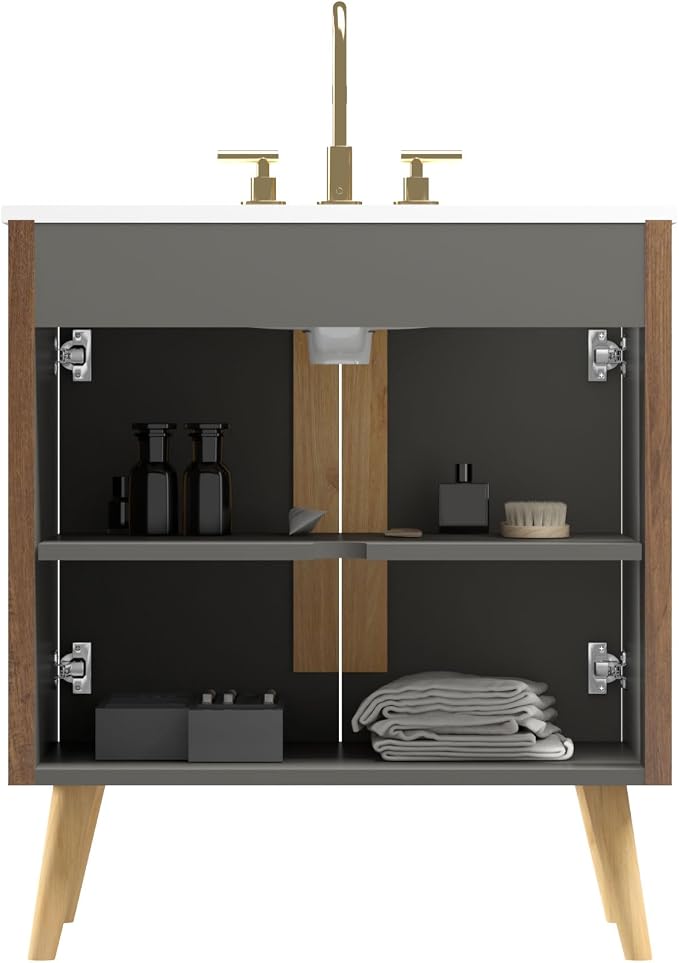 30" Modern Bathroom Vanity with Sink, Mid Century Modern Walnut Bathroom Cabinet with Carrara Marble Finish Sink, Doors, Large Storage with Adjustable Shelf