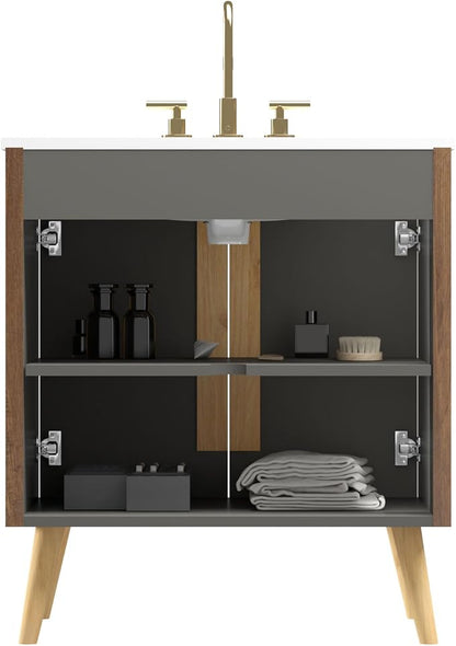 30" Modern Bathroom Vanity with Sink, Mid Century Modern Walnut Bathroom Cabinet with Carrara Marble Finish Sink, Doors, Large Storage with Adjustable Shelf