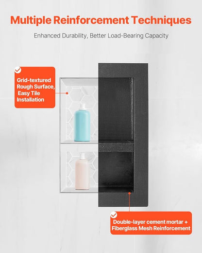 VEVOR Shower Niche, 16 x 20 x 4 inch Recessed Wall Niche with Movable Divider Shelf, Modern Soap & Shampoo Storage Organizer, Square Corners, Sealed Waterproof Design, Black for Bathroom Shower