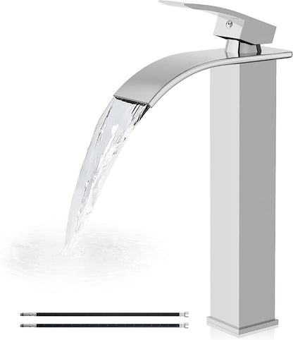 Airuida Vessel Sink Faucet,Chrome Polish Tall Waterfall Bathroom Faucet | Single Handle,Tall Bathroom Faucet 1 Hole,Vanity Faucet,without Drain,Bowl Bathroom Faucet