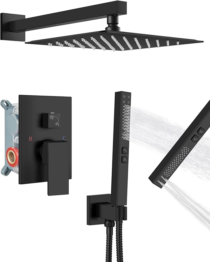 Shower Faucet Set Rainfall Shower System with Square Showerhead and Handle Set Fixture with 2 in 1 Function Handheld Sprayer Wall Mounted Trim Repair Kit Rough-in Valve 12 Inch Matte Black