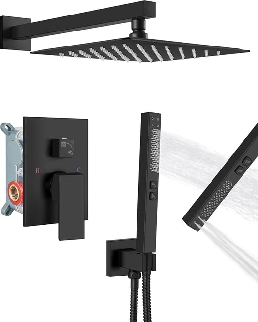 Shower Faucet Set 12-Inch Rain Shower System Matte Black | Square SUS304 Shower Head, Dual-Mode Hand Spray, 59-Inch Hose and Brass Rough-In Valve for a Complete Wall-Mount Installation