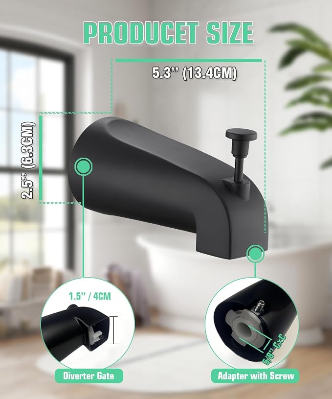 Tub Spout with Diverter, Slip On Bathtub Spout Fits 1/2'' Copper Tube(5/8'' Dia), Bathroom Tub Faucet with PTFE Tape & Hex Wrench, Matte Black