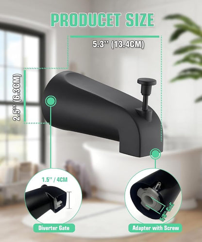 Tub Spout with Diverter, Slip On Bathtub Spout Fits 1/2'' Copper Tube(5/8'' Dia), Bathroom Tub Faucet with PTFE Tape & Hex Wrench, Matte Black