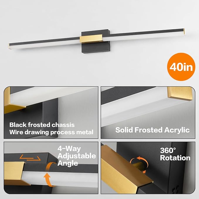 SOLFART Vanity Lights for Bathroom 40-Inch: Black and Gold Dimmable Bathroom Light Fixtures Over Mirror, Built-in Dimmer, Thickened Aluminum Body, 360 Degree Rotation, ETL IP44