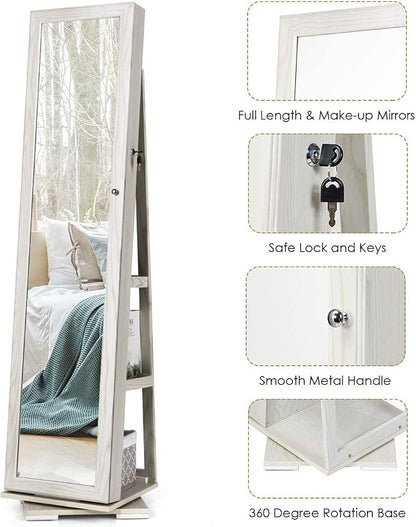 CHARMAID 360° Swivel Jewelry Armoire with Higher Full Length Mirror & Inside Makeup Mirror, Standing Lockable Jewelry Cabinet Organizer, Large Capacity, Back Storage Shelves (Grayish White)