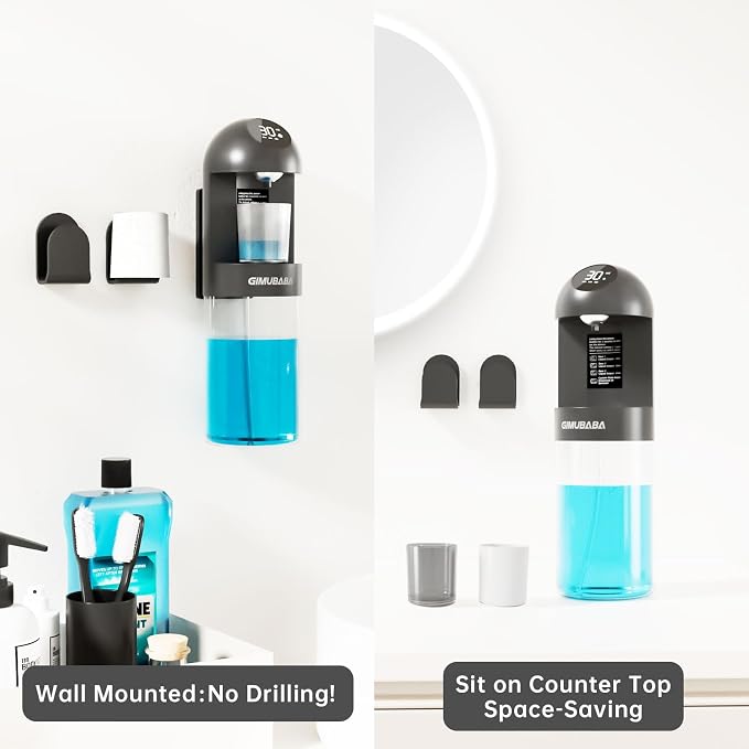Upgraded Automatic Mouthwash Dispenser with 4 Dispensing Levels for Bathroom-GIMUBABA Smart Mouth Wash Dispenser Sets with 28.3 FL Oz Container,2 Cups & Wall Mount Accessories for Kids & Family(black)