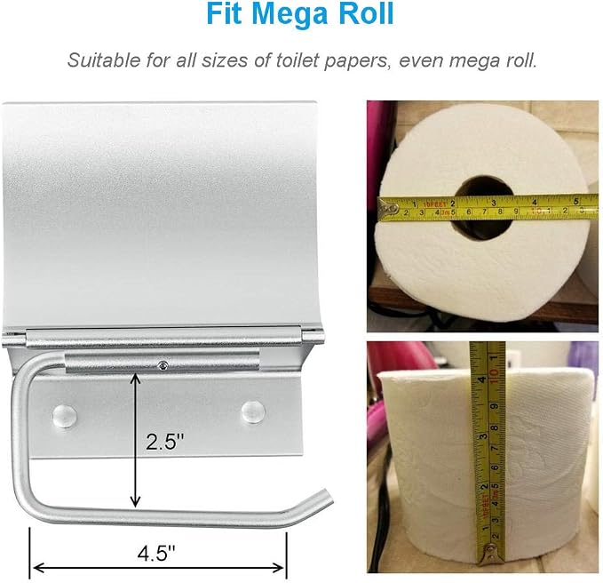 Toilet Paper Holder Wall Mounted with Phone Shelf Tray for Bathroom Restroom Hotel,Aluminum TP Holder Wall Mount with Cover Lid Metal Modern Rust Free Universal Tissue fit Mega Roll, Matte Silver | With Cover Lid, Cat Proof, Aluminum Metal, Rustproof, ...