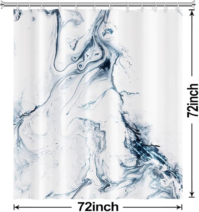 Blue and White Shower Curtain, Modern Ombre Blue Marble Shower Curtain Set with Hooks Aesthetic Waterproof Bathroom Decor, 72x72 Inch