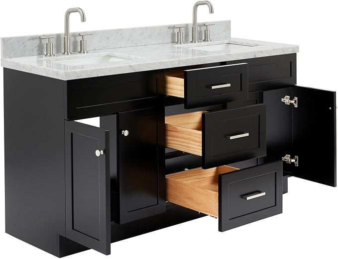 Bradford 66" Black Double Bathroom Vanity, 1.5" Edge Italian Carrara Marble Countertop, Rectangular Undermount Sinks, 2 Soft Closing Doors, 3 Dovetail Drawers, Brushed Nickel
