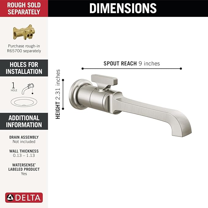 Delta Tetra Wall Mount Bathroom Faucet 1 Hole, Brushed Nickel Single Hole Bathroom Sink Faucet for Vanity, Lumicoat Stainless T3589LF-SS-PR-WL (Valve Not Included)