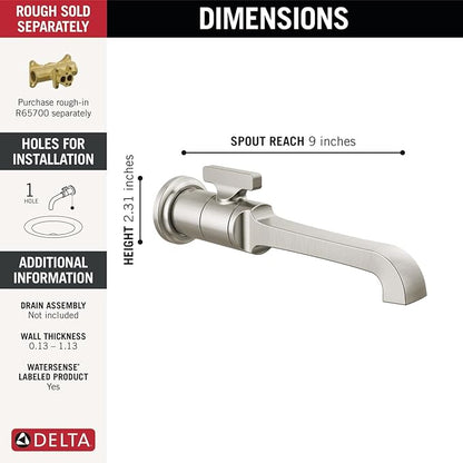 Delta Tetra Wall Mount Bathroom Faucet 1 Hole, Brushed Nickel Single Hole Bathroom Sink Faucet for Vanity, Lumicoat Stainless T3589LF-SS-PR-WL (Valve Not Included)