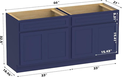 Vanity Art 66 Inch Bathroom Base Cabinet Only, Double Sink Top (Not Include Sink) with Door & Soft Close Hinge, Unassembled Floor Cabinet, Blue, 2ea 33 Inch Combo