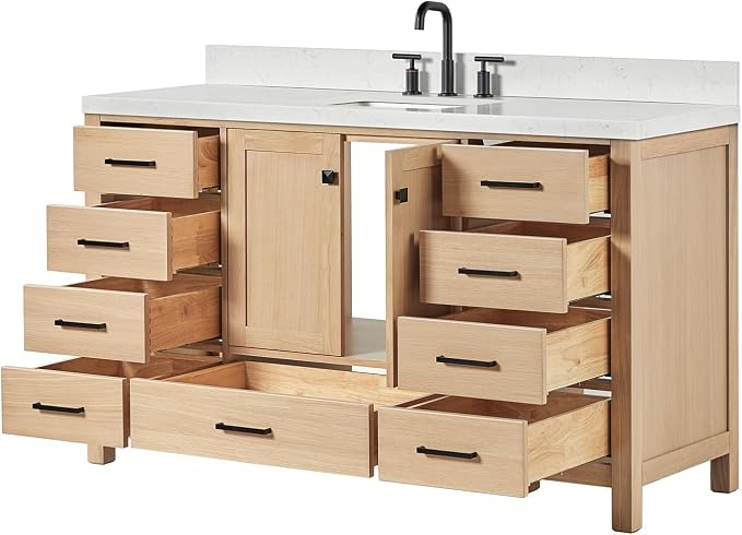 ARIEL Cambridge 60-inch Bathroom Vanity with Sink,Solid Wood, 1.5-inch Carrara White Quartz Countertop, Single Rectangular Porcelain Sink, 2 Soft Closing Doors, 9 Dovetail Drawers, White Oak